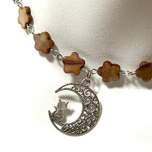 Caramel Mother of Pearl Flower Beaded Short Necklace + Cat on the Moon Pendant